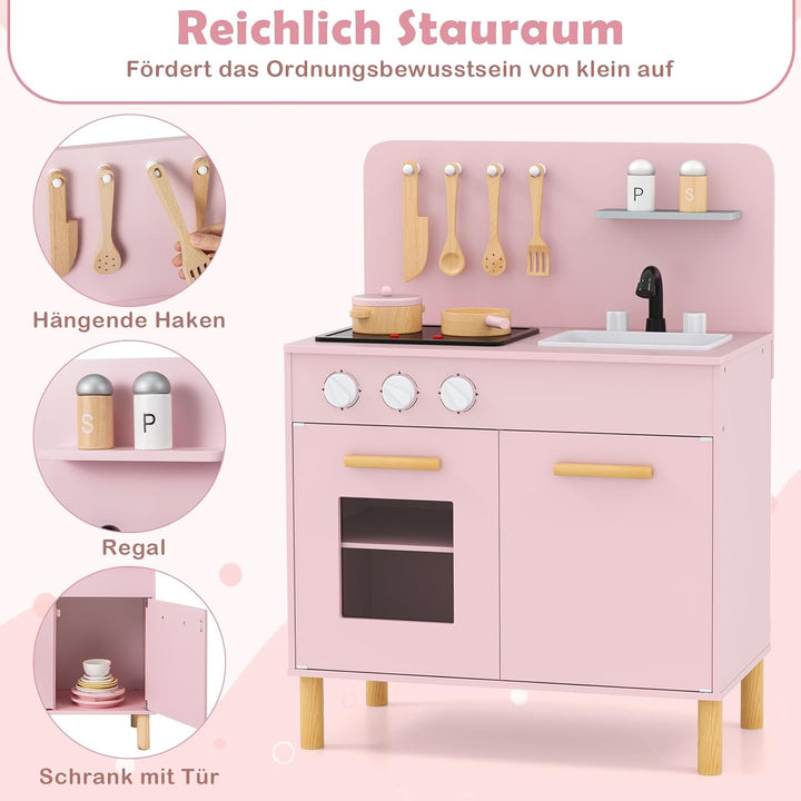 COSTWAY Kinderküche mit 10 Zubehör, Spielküche Holz mit Licht und Sound, Spielzeugküche mit Herd & S