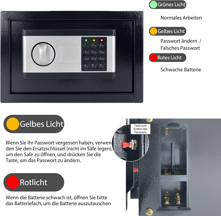 YRHome 12L Mini Tresor für Zuhause Safe Tresor mit Digitaler Passwort, Batteriebox, 2 Sicherheitssch