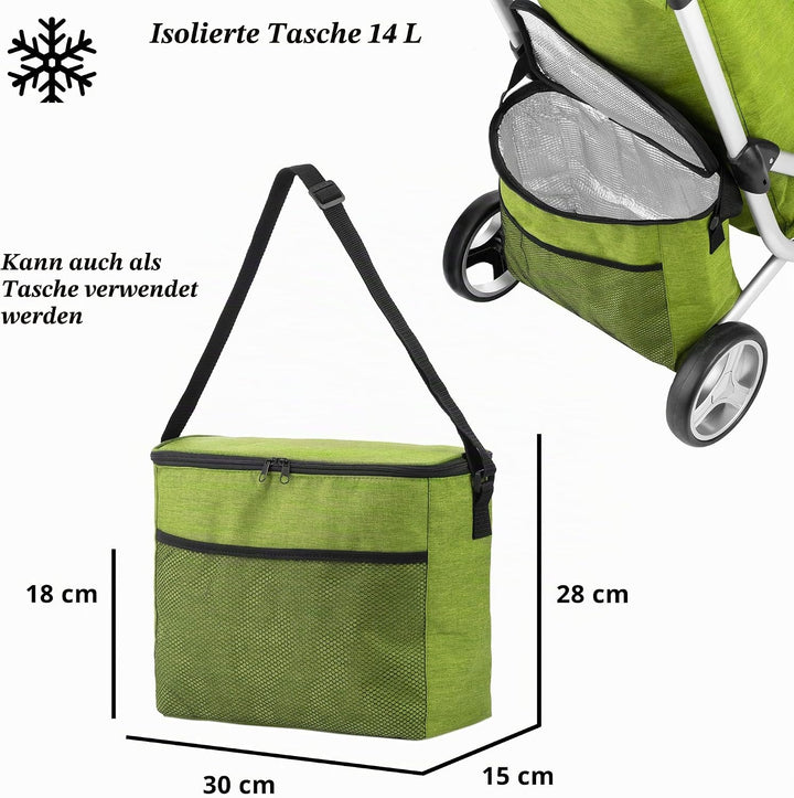 Cruiser Einkaufswagen Shoppingtrolley 59 Liter 3 Räder mit 14 ltr Kuhltasche (grün), 97 x 56 x 46cm,