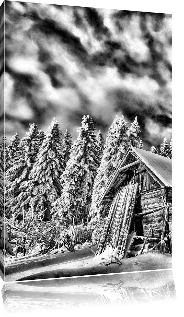 Pixxprint Holzhütte im Schnee / 100x70cm Leinwandbild bespannt auf Holzrahmen/Wandbild Kunstdruck De