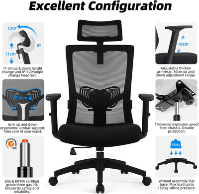 Daccormax Bürostuhl Ergonomisch, Schreibtischstuhl mit Verstellbarer Kopfstütze, Armlehnen, Lendenwi