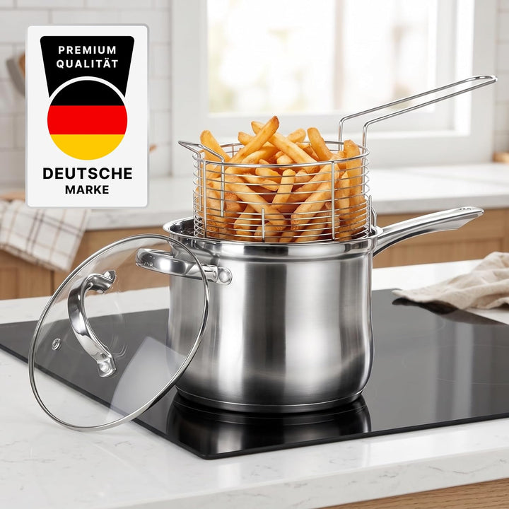 Frittiertopf 3,5 L Edelstahl Fritteuse mit Frittierkorb und Glasdeckel Pommestopf für alle Herdarten