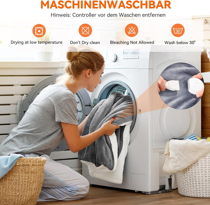 Heizdecke mit Abschaltautomatik, 180 × 130 cm Flanell Elektrische Wärmedecke mit 8 Heizstufen & 1-12