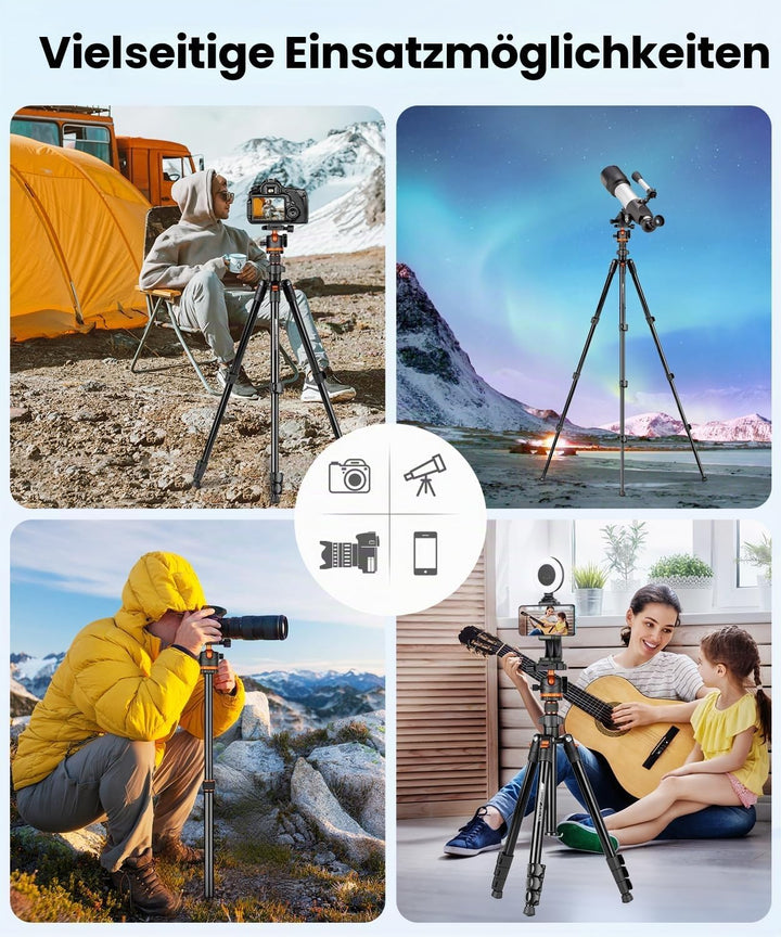 JOILCAN Aluminium Kamera Stativ, 168cm Robustes Reisestativ mit 360° Panorama Kugelkopf &amp; Handyhalte