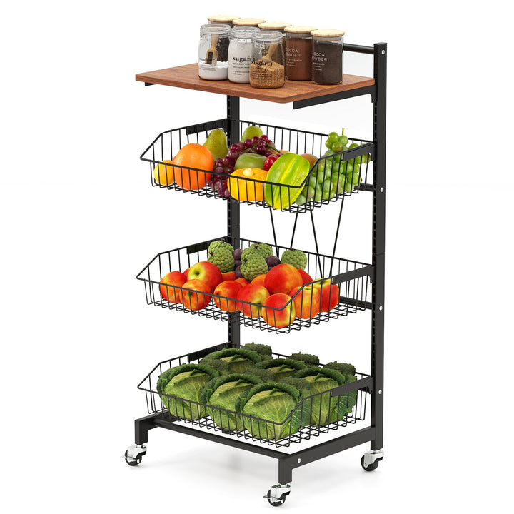 COSTWAY Servierwagen mit Rollen, Gemüseregal mit ausziehbaren Körben &amp; Holzplatte, höhenverstellbar,