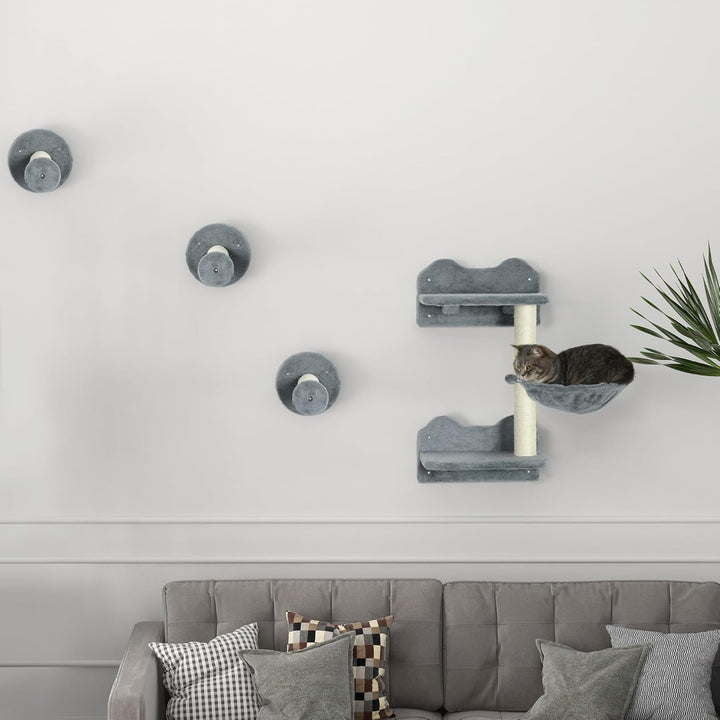 PawHut Katzen Kletterwand, 4-teilig, Katzenkletterwand, inkl. 1 x Sprungturm, 3 x Kratzbäume, Klette