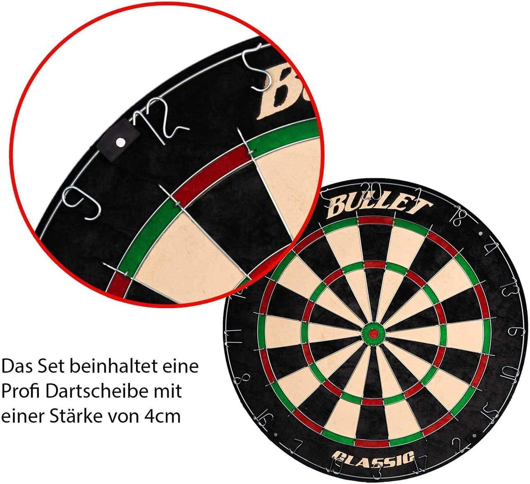 Bullet Dartschrank aus Holz - Board aus Borsten-Sisal - 6-27x Steeldarts - mit Scoreboard im Inneren