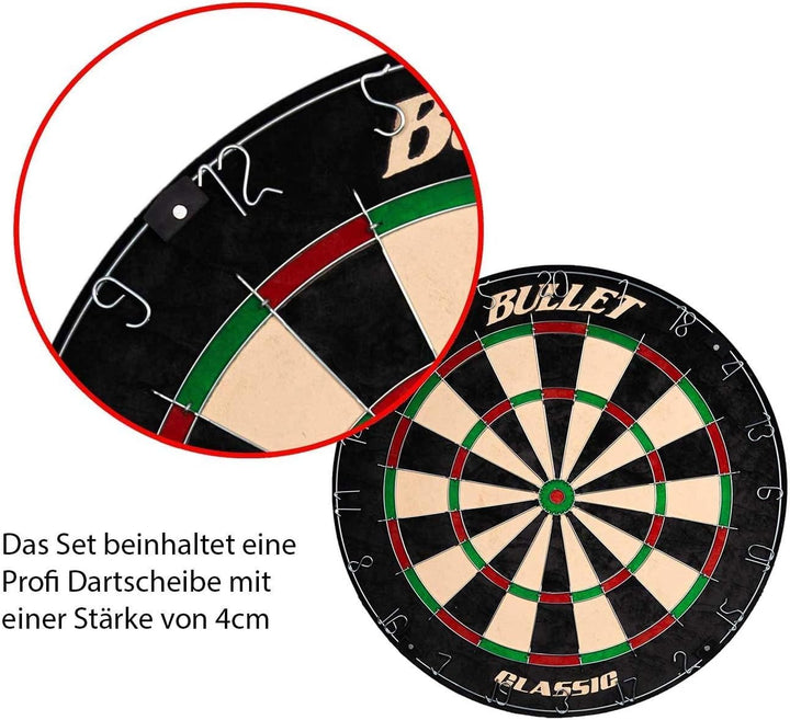 Bullet Dartschrank aus Holz - Board aus Borsten-Sisal - 6-27x Steeldarts - mit Scoreboard im Inneren