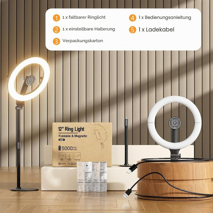 Magnetisches 10" Ringlicht,Klappbar &amp; 360° Drehbar,10W, 120 LEDs, 5000mAh, Dimmbar Mit Memory,Für Li