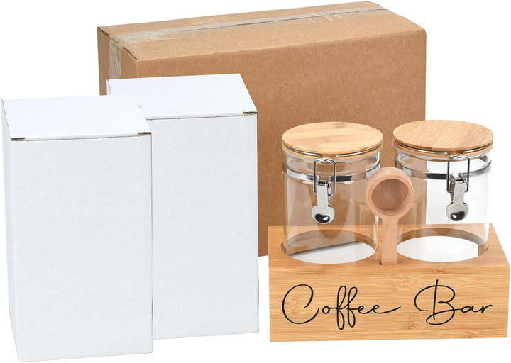 Kaffeedosen-Set aus Glas mit Bambusregal und Löffel, 2 luftdichte Behälter (je 1,3 l) für Kaffeebohn