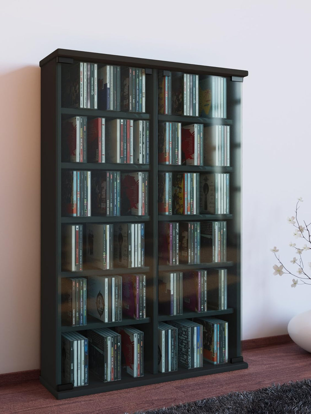 VCM Holz CD DVD Stand Regal Schrank Aufbewahrung Standregal Ständer Roma Glastür Schwarz, Schwarz