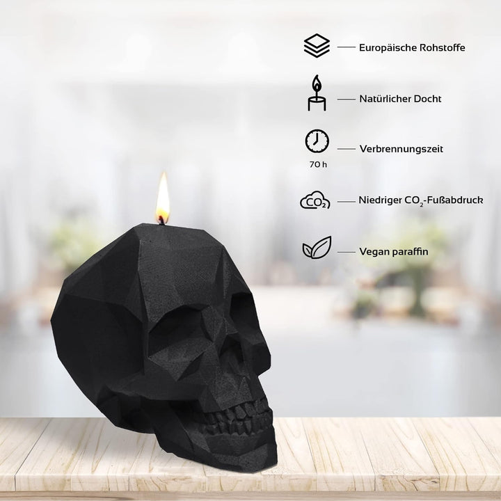 Candellana Kerze Kleiner Schädel Low Poly | Höhe: 12 cm | Schwarz | Totenkopf | Handgefertigt in der