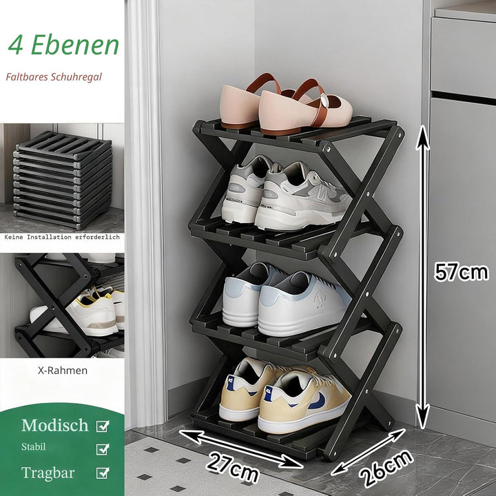 Kleines Schuhregal, schwarz, 4 Etagen, Bambus, faltbar, Schuh-Organizer, freistehendes Regal für Sch