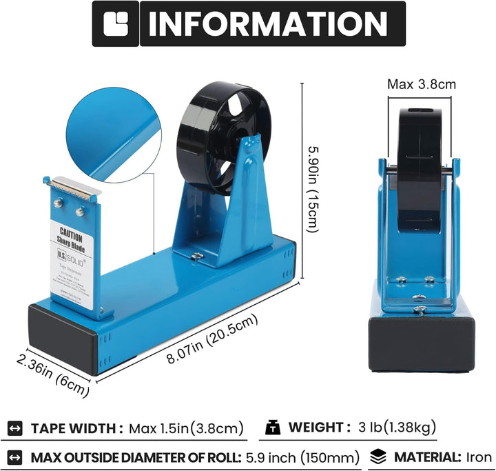U.S. Solid Desktop-Multi-Roll-Klebebandabroller, 3,8 cm breit, 2,5 cm oder 7,6 cm Kern, Eisen, Blau