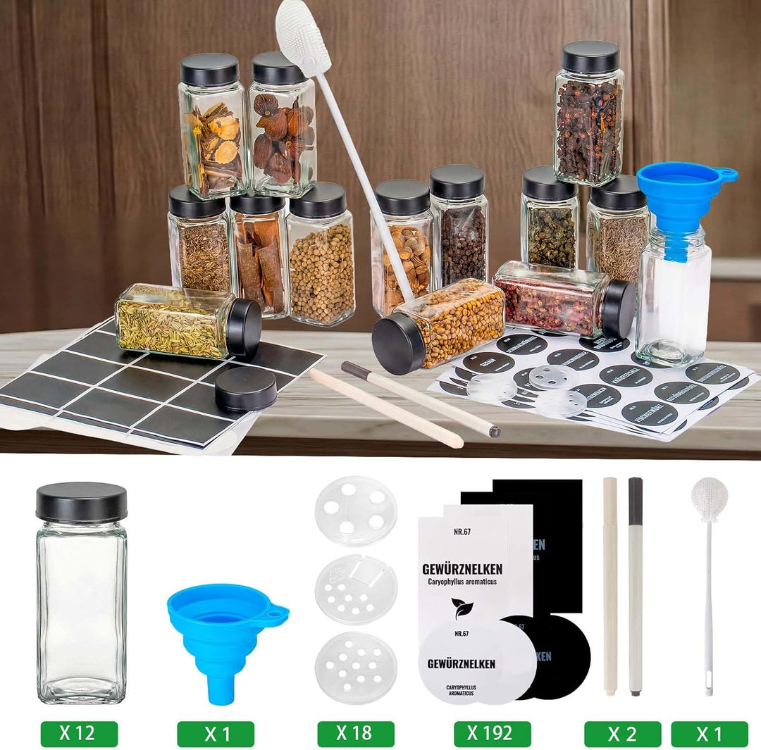 Gewürzgläser Set, 12er 120ml Gewürzgläser Eckig, Gewürzdosen Mit Edelstahl Deckel Gewürzbehälter Mit