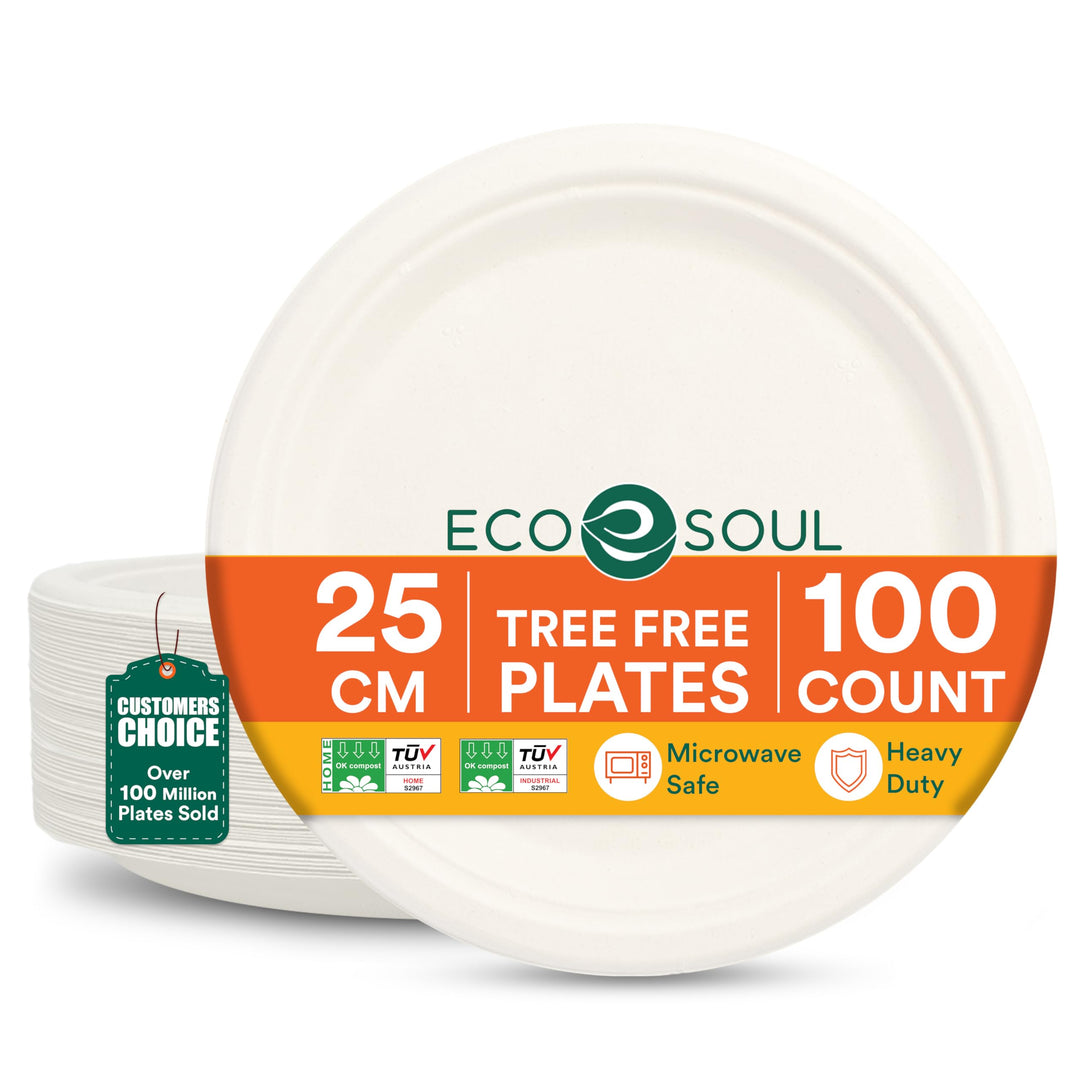 ECO SOUL Pearl White Runde 25cm Bagasse Pappteller (400 Stück), Einweggeschirr und 100% Kompostierba