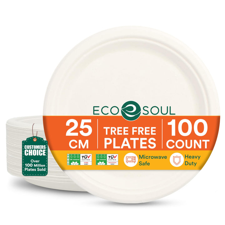 ECO SOUL Pearl White Runde 25cm Bagasse Pappteller (400 Stück), Einweggeschirr und 100% Kompostierba