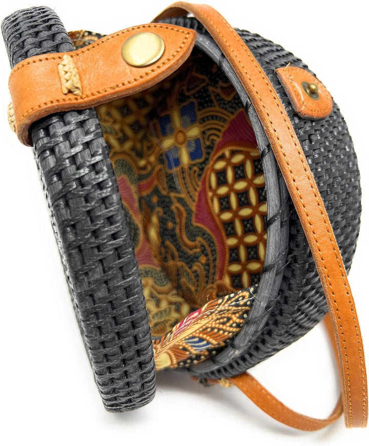 Trintura Rattan Tasche rund schwarz mit langem Leder Riemen geflochten Damen Korbtasche Umhängetasch