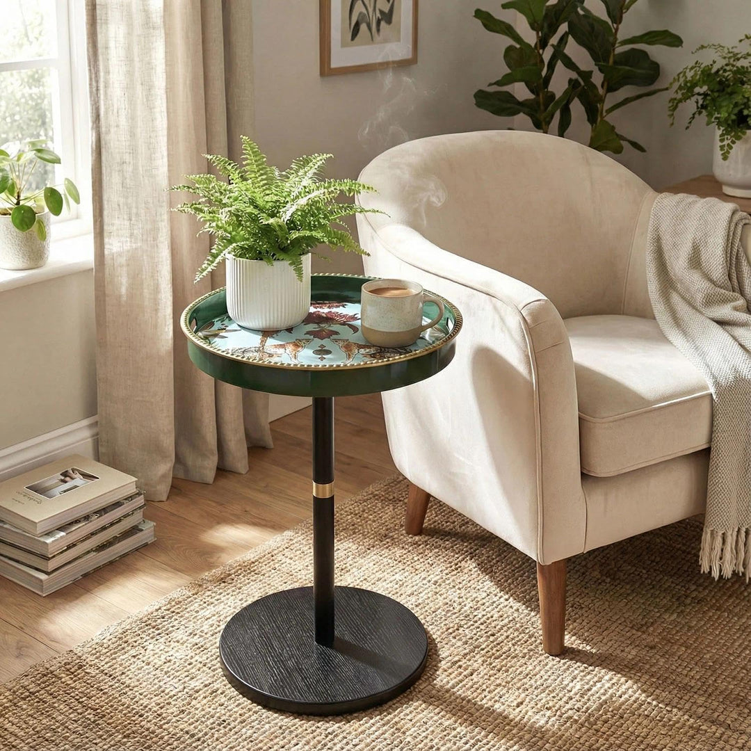 Boho runder Beistelltisch mit Tablett, Getränketisch für kleine Räume, ästhetischer Akzent, Nachttis