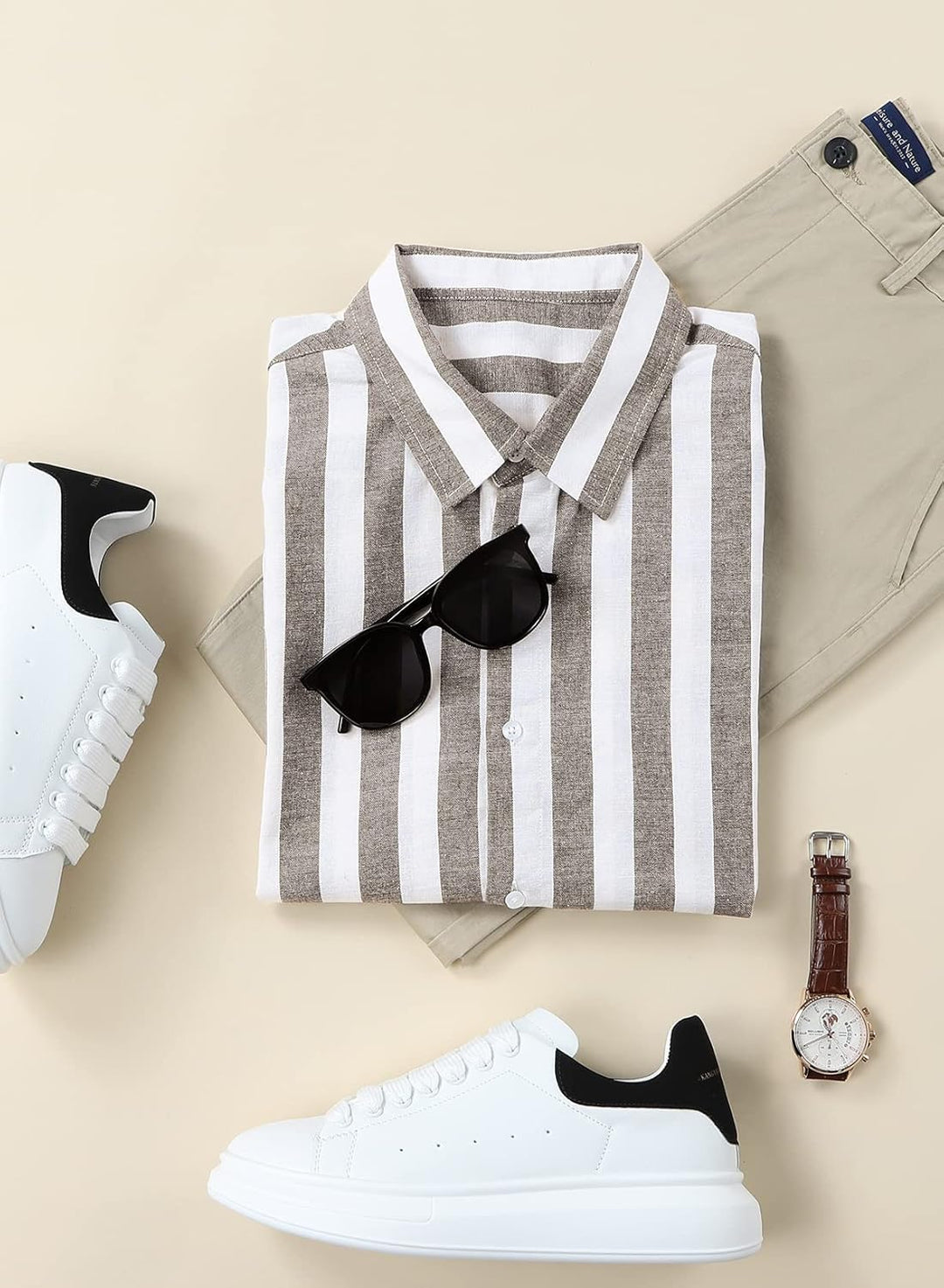 Meilicloth Gestreiftes Hemd Herren Kurzarm Freizeithemd Sommer Casual Regular Fit B Braun Weiss S, B