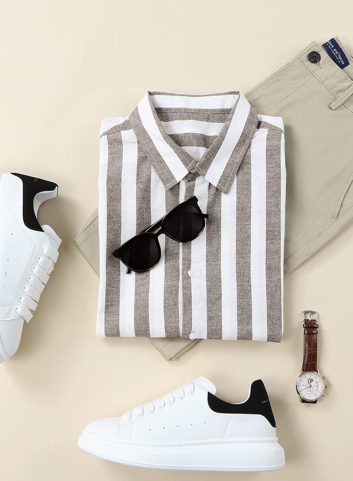 Meilicloth Gestreiftes Hemd Herren Kurzarm Freizeithemd Sommer Casual Regular Fit B Braun Weiss S, B