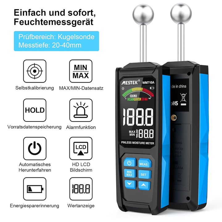 Feuchtigkeitsmessgerät MESTEK Feuchtemessgerät Feuchtigkeitsmesser mit HD-Farb-Grossbild Akustischem