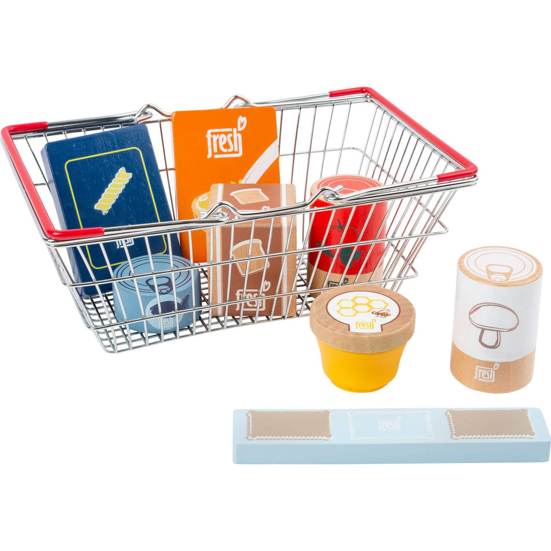 small foot Lebensmittel-Set im Einkaufskorb "fresh" aus Holz, für Kinderküchen und Kaufmannsläden, a