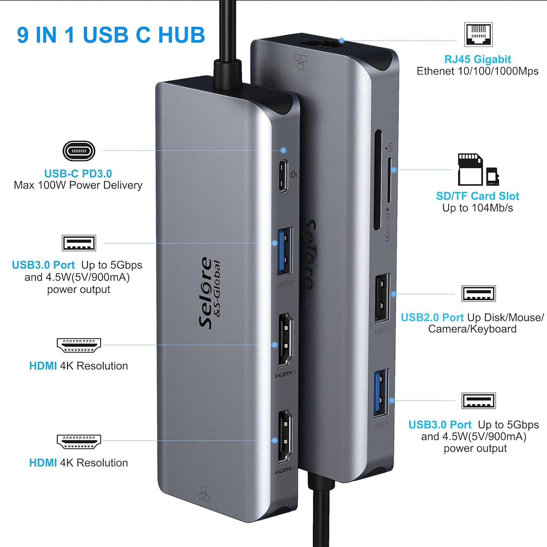 USB C Docking Station, 9 in 1 USB C Hub 2 HDMI Dual Monitor,Gigabit Ethernet, USB 3.0&USB 2.0, 100W