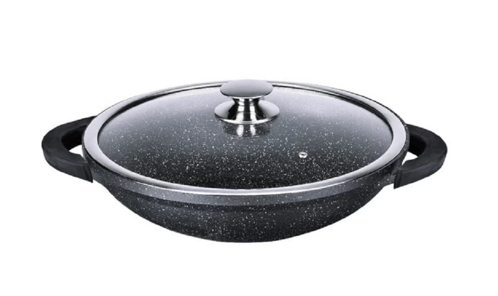 Kamberg 0008047 – Wok 36 cm – Aluminiumguss – Beschichtung in Steinoptik – Mit Glasdeckel – Für alle