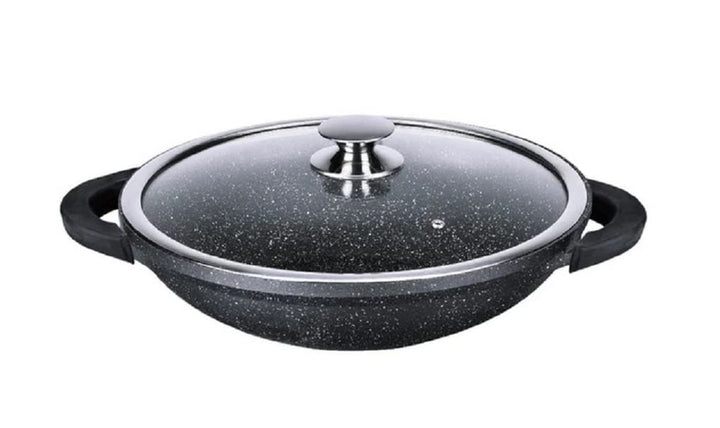 Kamberg 0008047 – Wok 36 cm – Aluminiumguss – Beschichtung in Steinoptik – Mit Glasdeckel – Für alle