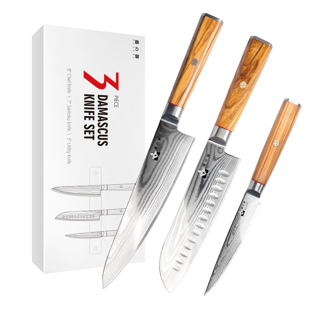 FUJUNI Damastmesser Set, 3-Teilig Messerset Damast Mit Extrem Scharf Klinge Aus 67 Lagen VG-10 Damas