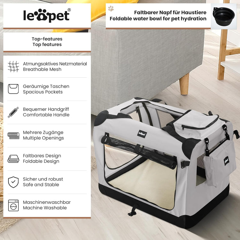 Leopet® Hundebox - Faltbar, Grosse/Kleine Hunde, Stoff, mit Napf, für Zuhause, Auto - Transportbox,