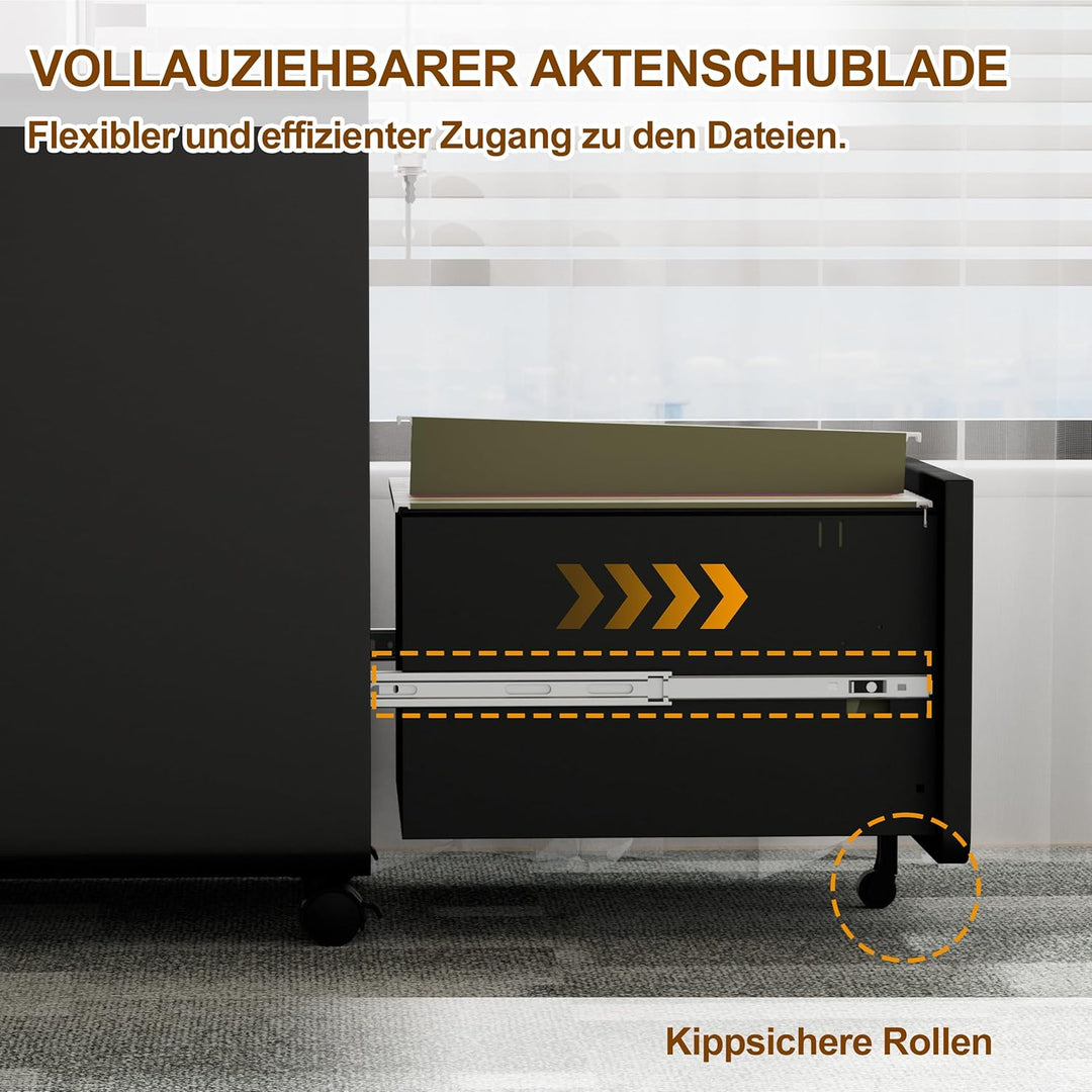 Rollcontainer, Aktenschrank Abschliessbar mit 4 Schlüsseln, Aktenschrank unter Schreibtisch, mit 3 S