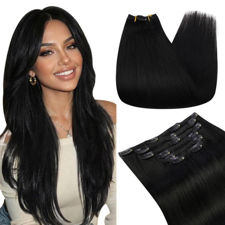 Ugeat Clip in Extensions Schwarz Echthaar Doppelt Tressen 105Gramm 55cm Extensions Echthaar mit Clip