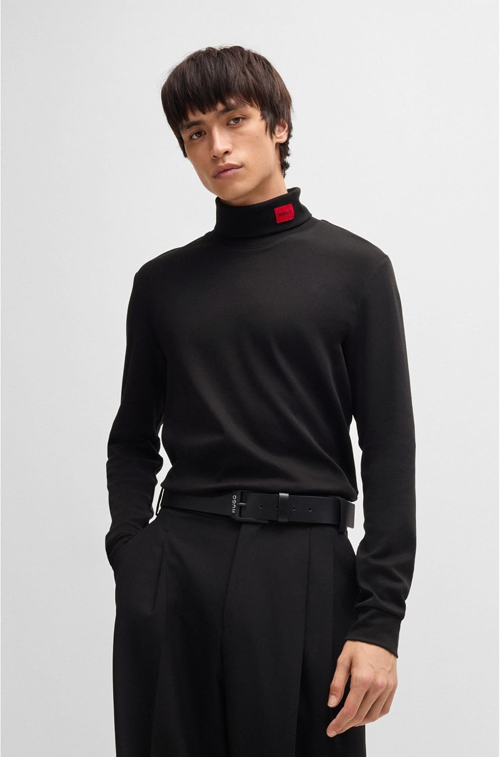 HUGO Herren Derollo224 Slim-Fit Longsleeve mit rotem Logo-Label S Black1, S Black1