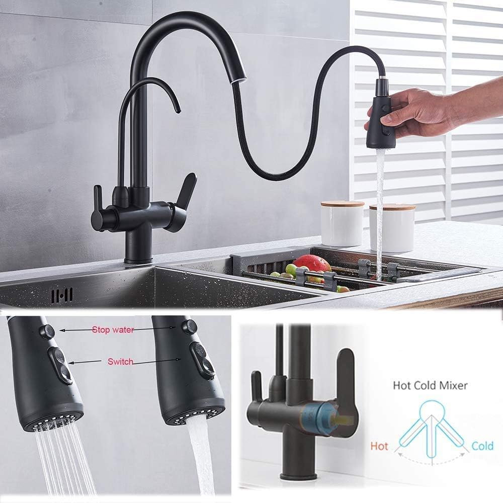 Onyzpily Wasserhahn Küche Schwarz Reines Wasser Küchenarmatur mit ausziehbar Doppelgriff Heisses und