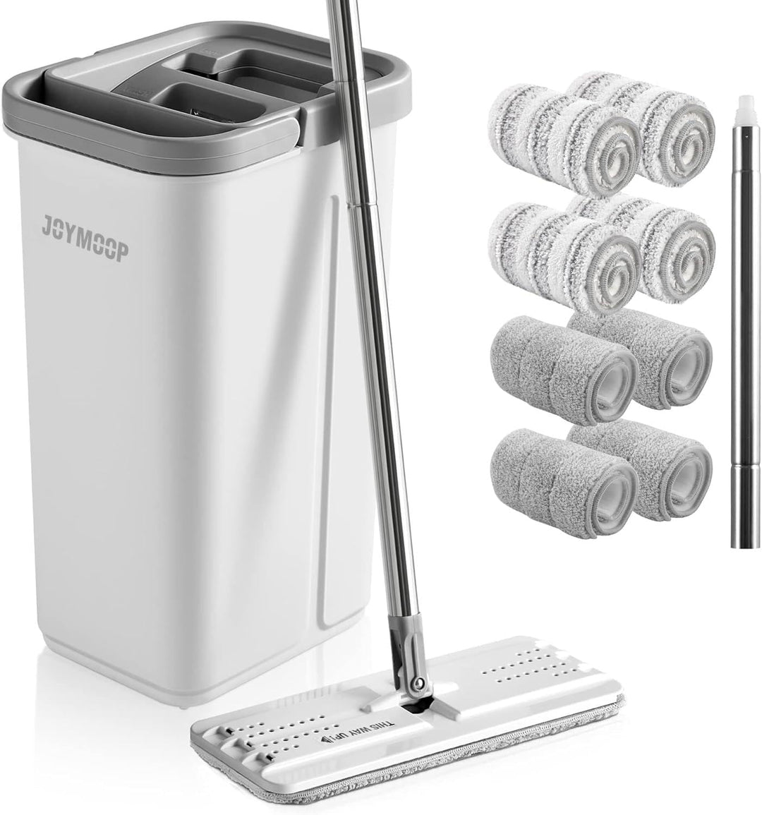 JOYMOOP Wischmopp und Eimer mit Auswringer-Set, freihändiger Flacher Bodenwischer und Eimer, mit 8 w