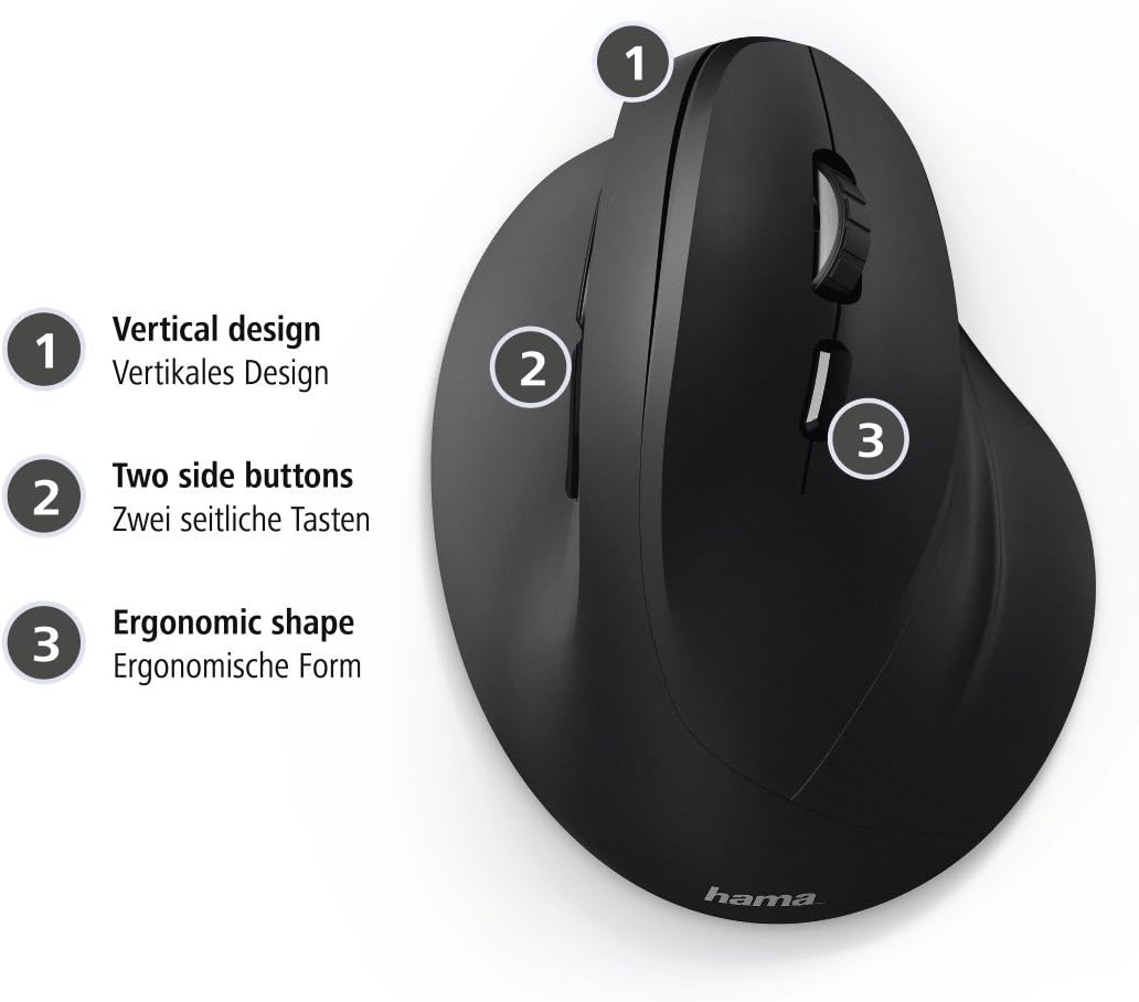 Hama ergonomische Maus (Vertikale Maus kabelgebunden für Rechtshänder, 3 Geschwindigkeitsstufen bis
