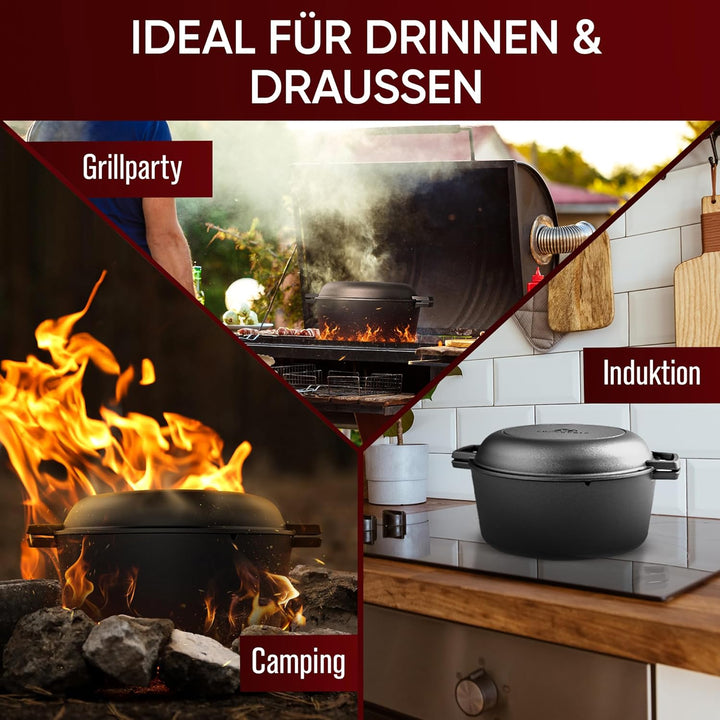 GUSSKÖNIG Dutch Oven - 2in1 Eingebrannter Gusseisen Topf 4,8L & Gusspfanne 1,8L - Dutch Oven Set mit