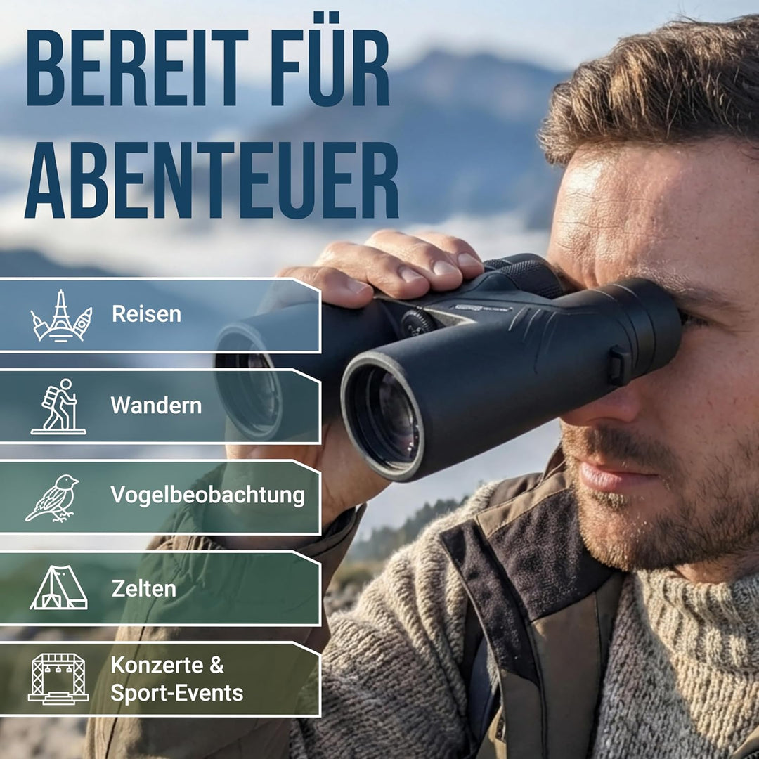 HD Fernglas 10x42 leistungsstark & IPX7-wasserdicht - Outdoorfernglas stufenlos einstellbar für Wand