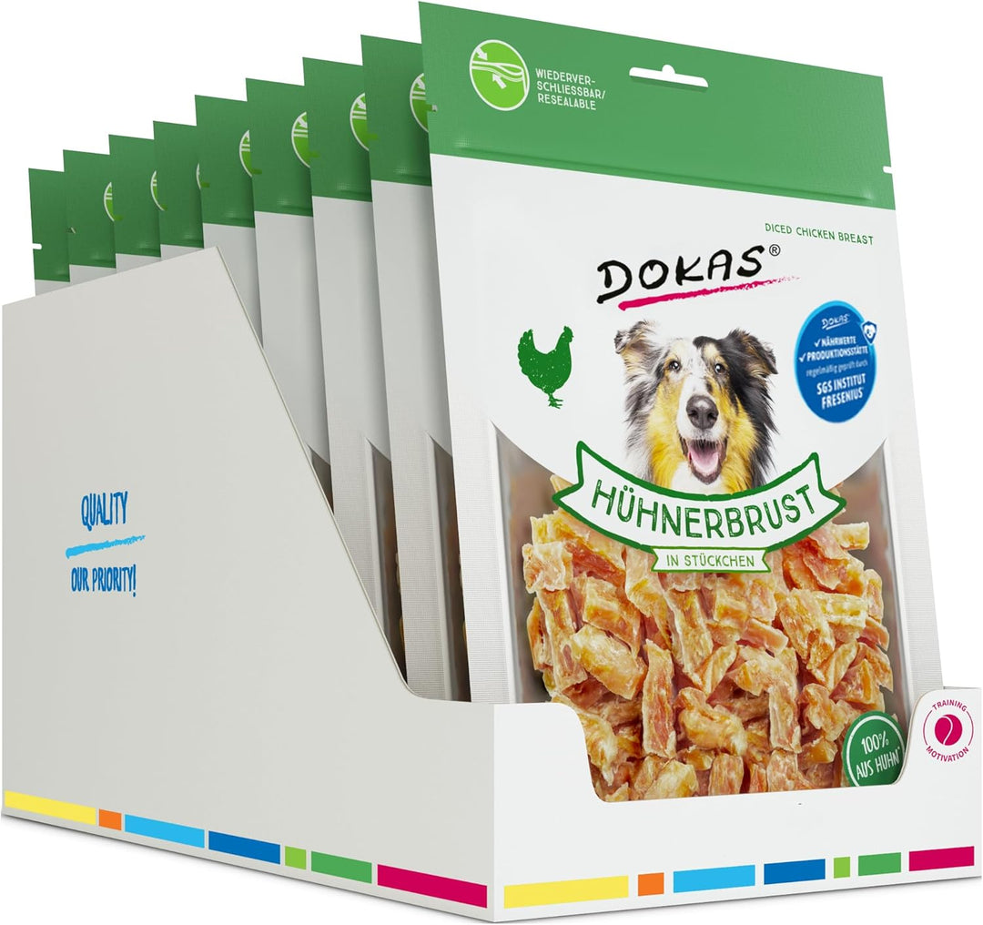 DOKAS Hühnerbrust in Stückchen – Glutenfreier Premium Snack in praktischer Grösse für Hunde – Ideal