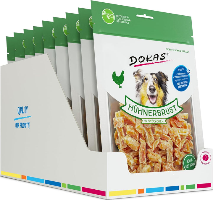 DOKAS Hühnerbrust in Stückchen – Glutenfreier Premium Snack in praktischer Grösse für Hunde – Ideal