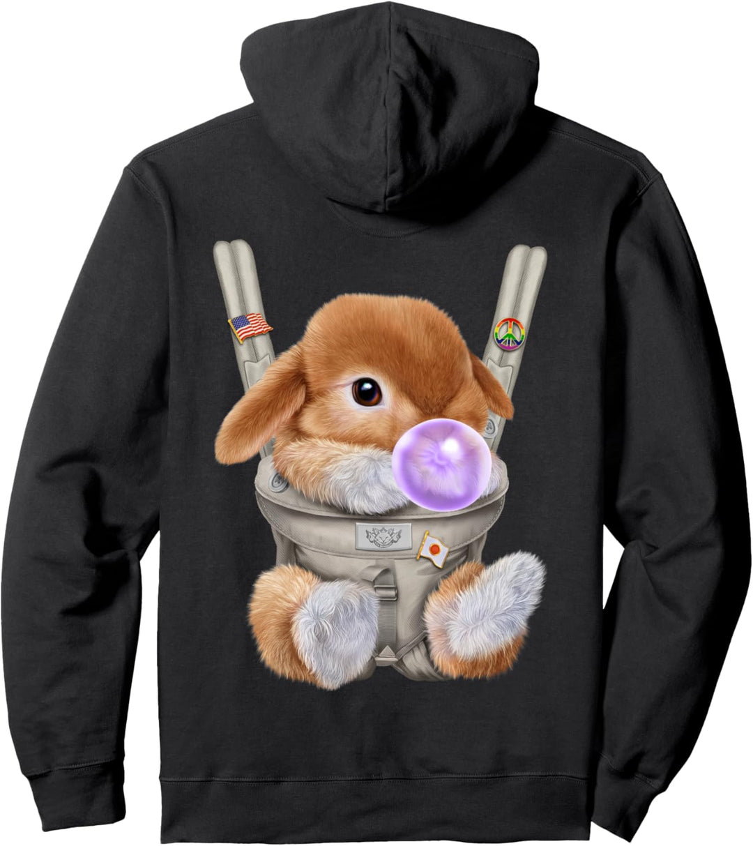 Braunes Zwergkaninchen mit Kaugummi in der Babytrage Pullover Hoodie