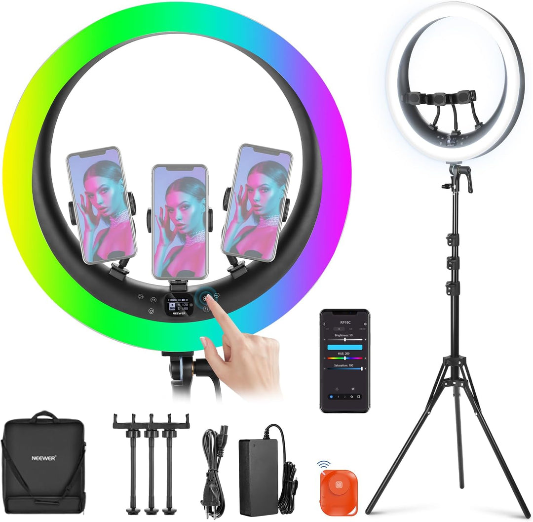 NEEWER 19" RGB Ringlicht LED Ring Light mit Ständer 3 Telefonhalterungen Touchpanel 2,4G/App Steueru