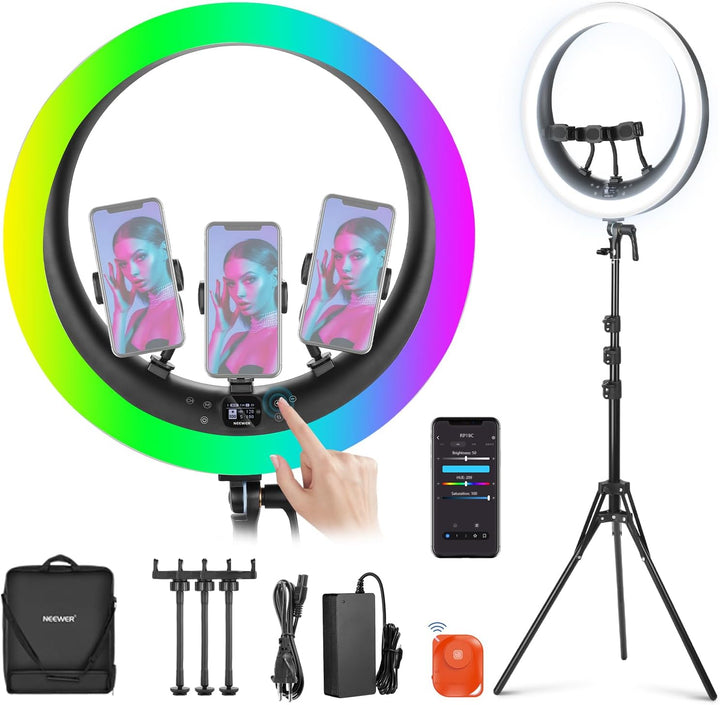 NEEWER 19" RGB Ringlicht LED Ring Light mit Ständer 3 Telefonhalterungen Touchpanel 2,4G/App Steueru