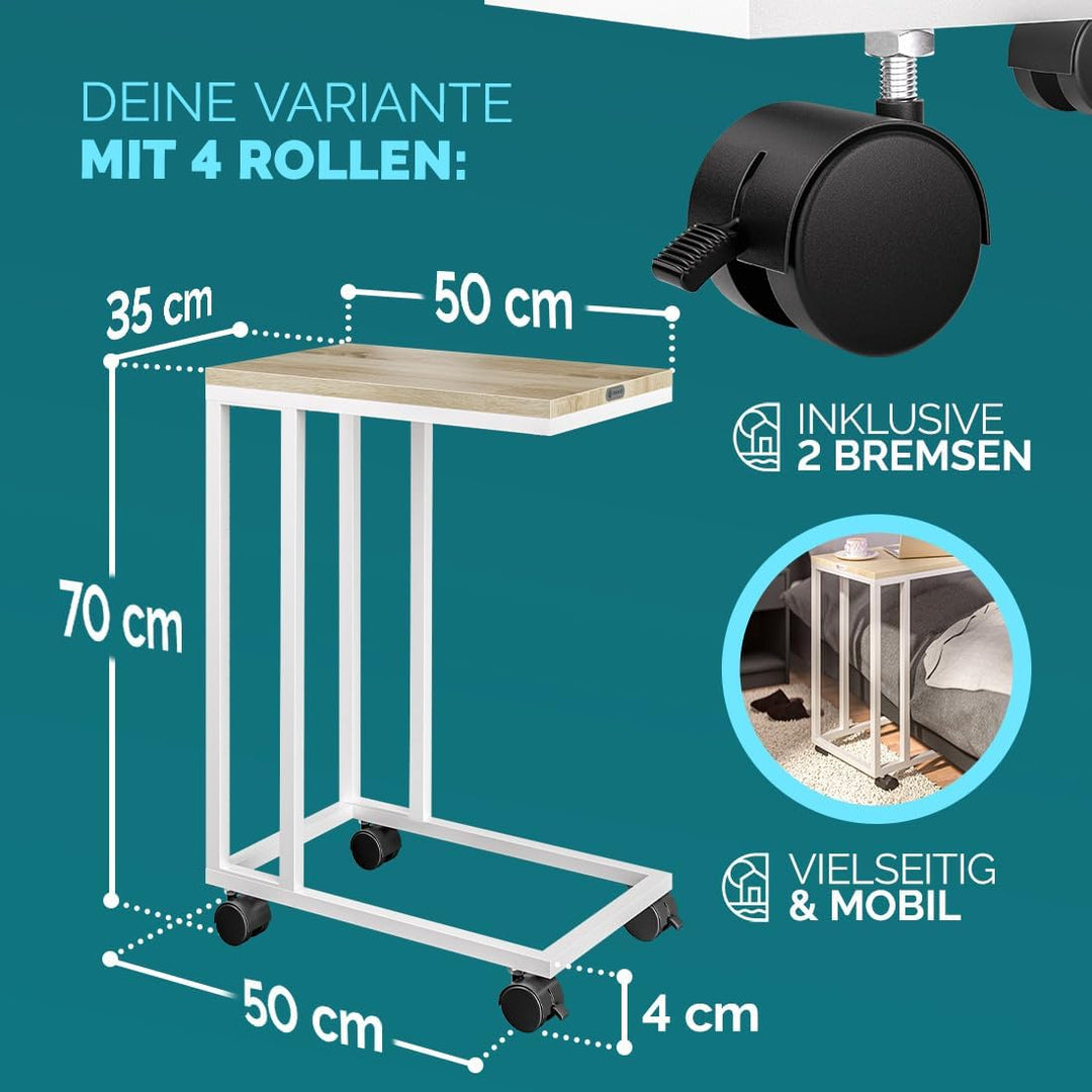 Casaria® Beistelltisch mit Rollen 50x35x70cm C Form Holz Metall 40kg Belastbarkeit Wohnzimmer Schlaf