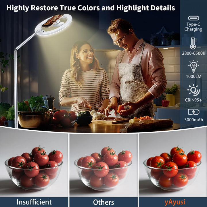 yAyusi 174cm Wiederaufladbar Ringlicht mit Stativ Handy, 360°-Drehung Faltbar Overhead Stativ Handy