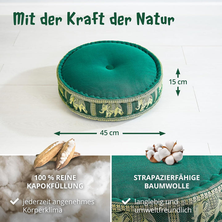 livasia Meditationskissen mit Thaiseide - Ø 45x15cm - Yogakissen mit Kapok, Pouf, Bodenkissen für Yo