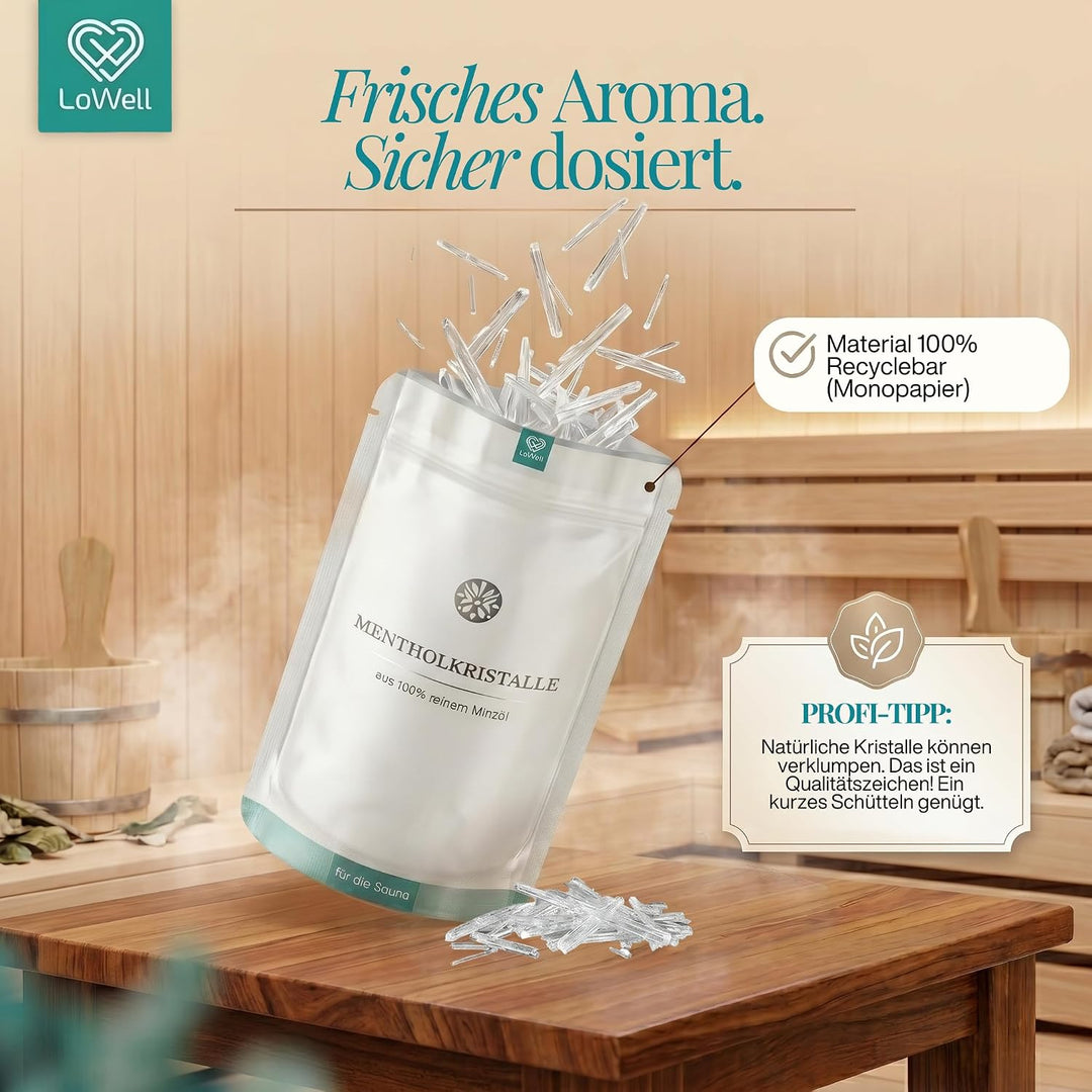 LoWell® 500g Mentholkristalle aus 100% reiner Minze - Ideal als Sauna Aufgussmittel für die Sauna in