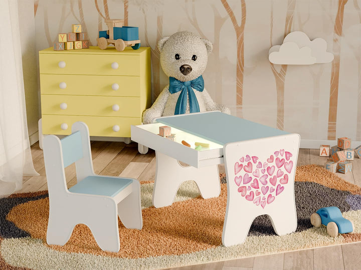 Happy Babies - Kinderschreibtisch-Stuhl-Set, ergonomischer Spieltisch mit geräumiger Schublade - Kin
